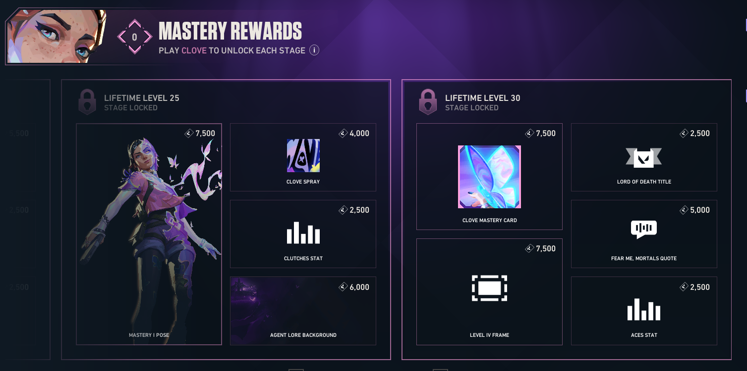 Clove Agent Mastery Lifetime Level 25 and Level 30 rewards