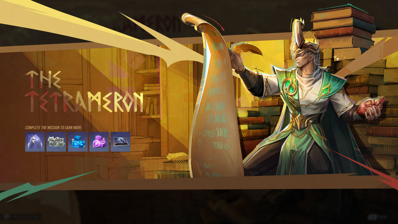 The Tetrameron event artwork showing Loki reading a scroll alongside event rewards