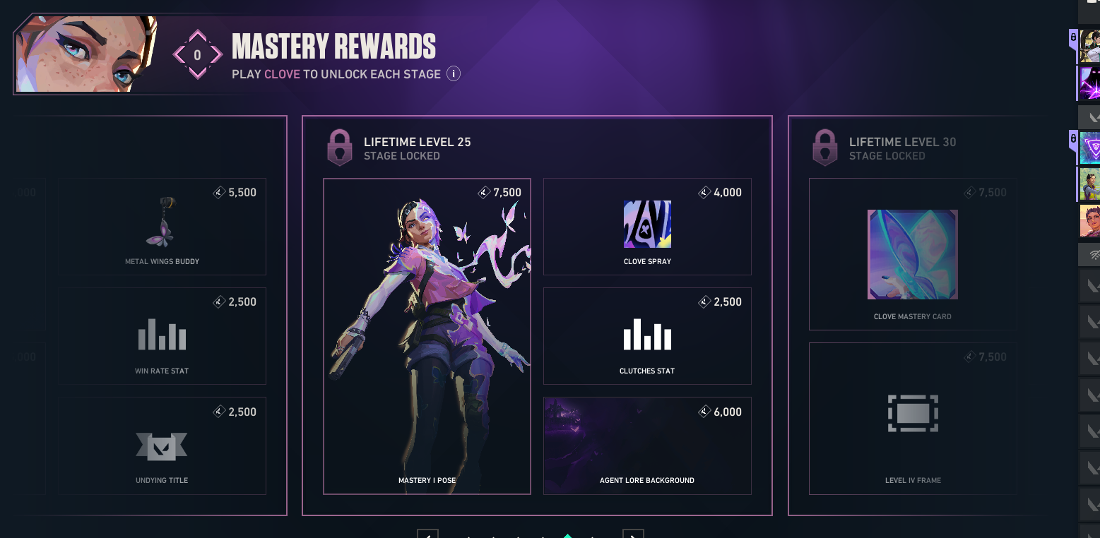 Clove Agent Mastery reward track showing Lifetime Levels 20, 25 and 30