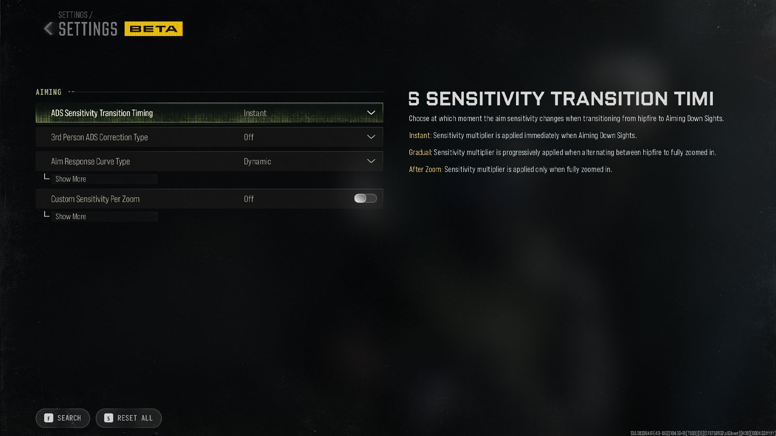 Modern Warfare 4 aiming settings menu for ADS and controller aim options
