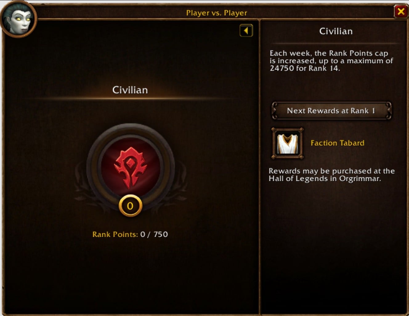 WoW Forever PvP ranking interface showing Civilian rank, Rank Points, Rank 1 rewards, and the 24,750 Rank Point cap for Rank 14