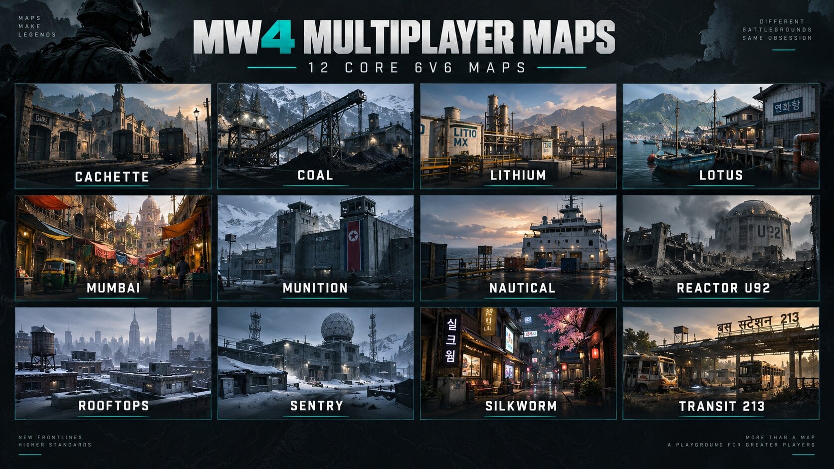 Illustrated overview of all 12 Modern Warfare 4 Core Multiplayer maps