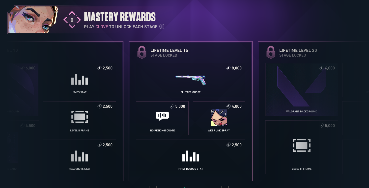 Clove Agent Mastery reward track showing Lifetime Levels 10, 15 and 20