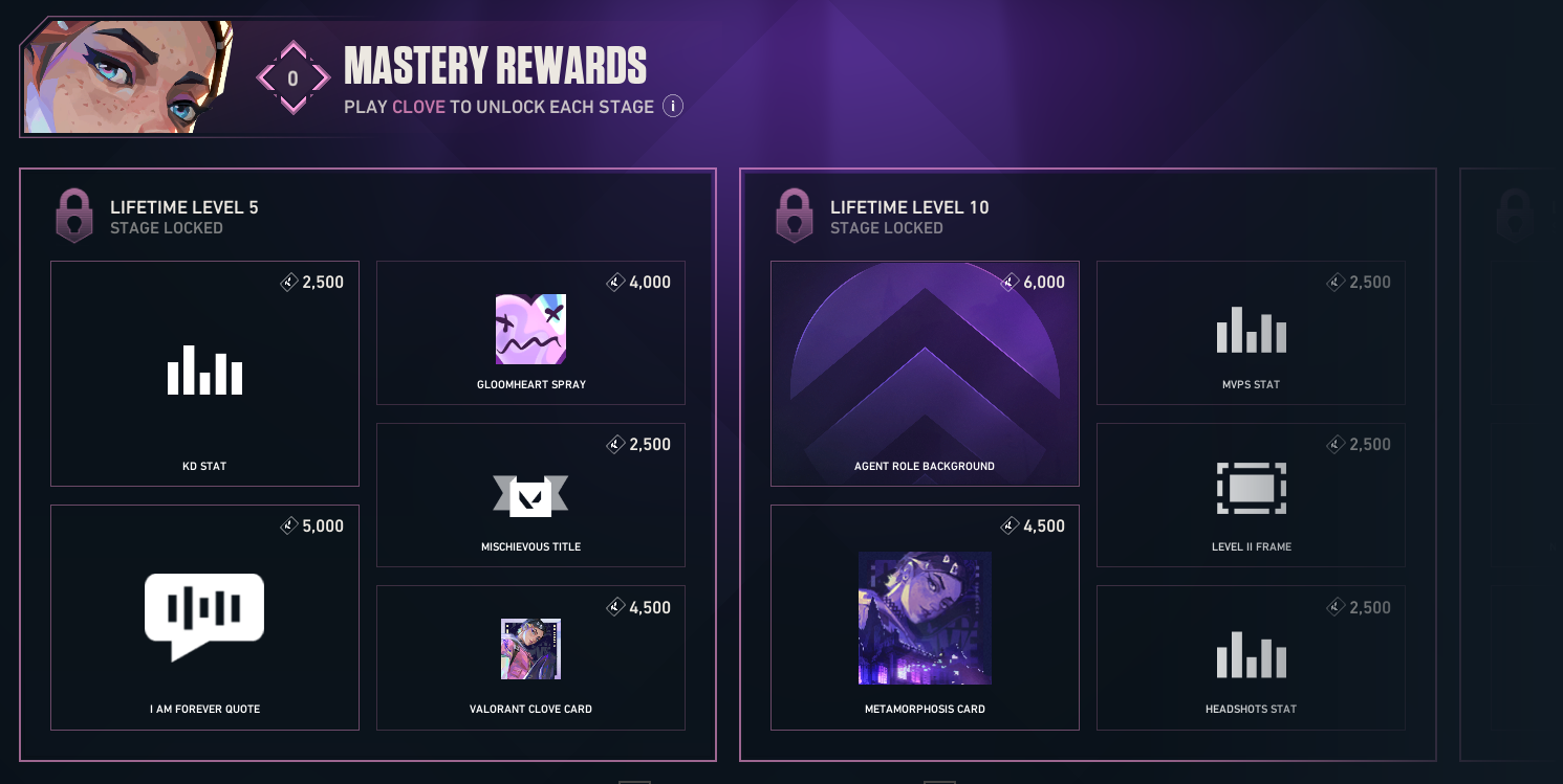 Clove Agent Mastery rewards at Lifetime Levels 5 and 10