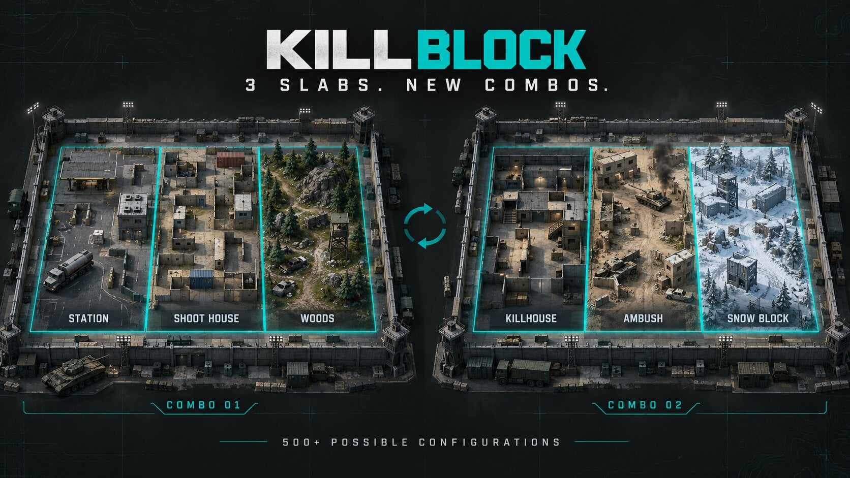 Concept illustration showing how three MW4 Kill Block Slabs form different map combinations