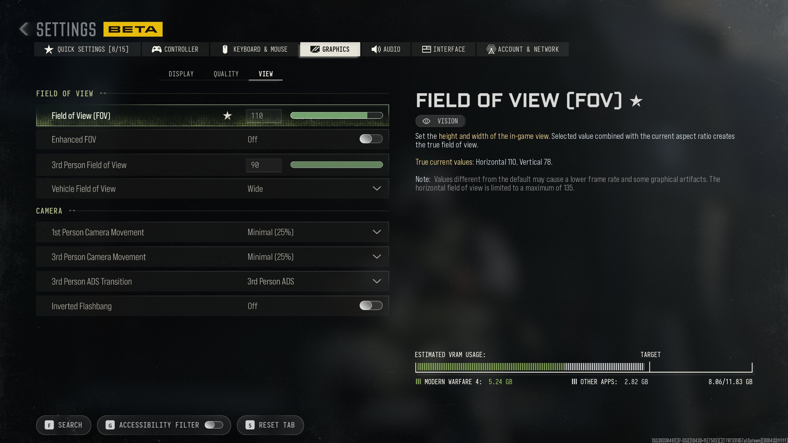 Modern Warfare 4 field of view and camera settings menu