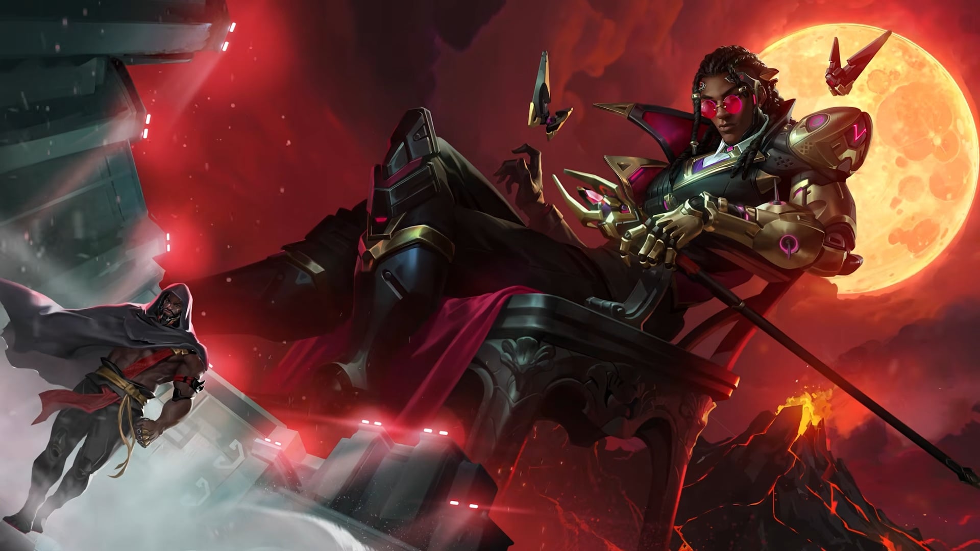 Overwatch Support hero Doctrine with his scepter and bat-like drones alongside Doomfist